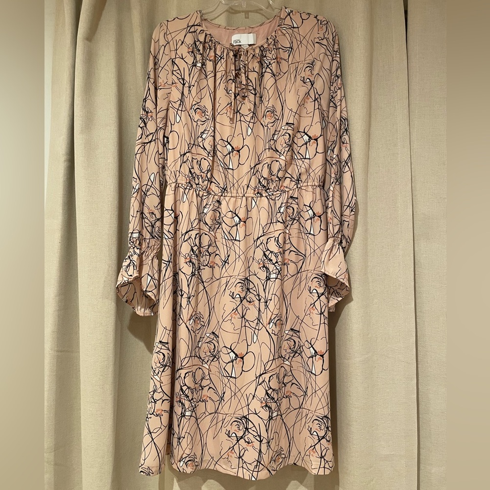 Nordstrom Rack Floral Gathered Tie Long Sleeve Midi Dress Pink Peach Scribble L